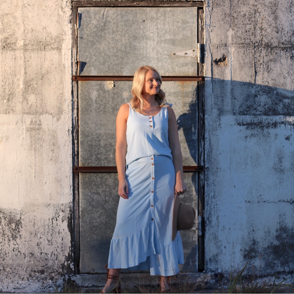 Light blue top and midi skirt set. Listicle brand. S,M,L